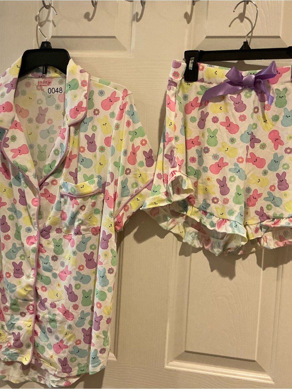 Jordan White Pastel Bunny Print Pajama Short Set with Purple Bow